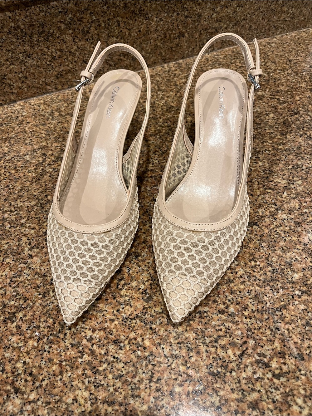 Calvin Klein Beige Pointed Mesh Slingback Heels
